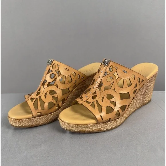 Brighton Daria Wedge Sandals 8M Brown Leather Cutout Espadrille Slides‎