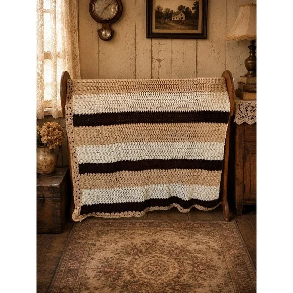 Vintage Handmade Crochet Afghan Throw Blanket 63x53 Tan Cream Brown Striped Farm