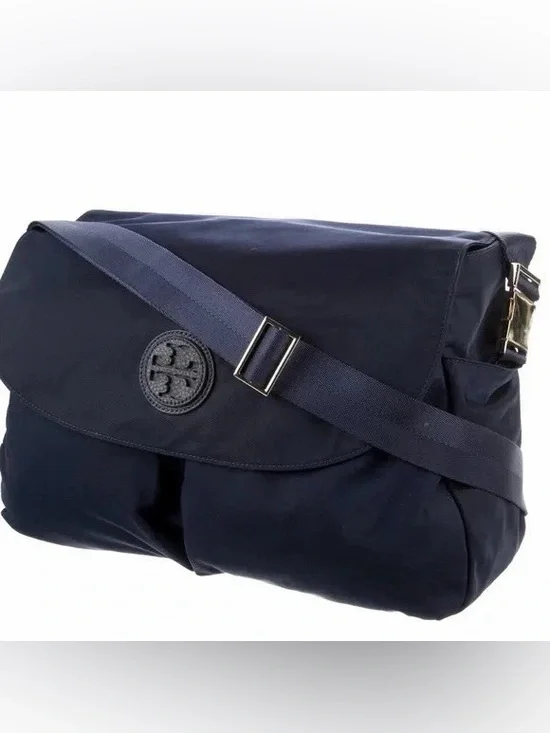 Tory Burch Marion Messenger Luxe Mom Multi Use Black Nylon‎ Leather Pockets EUC