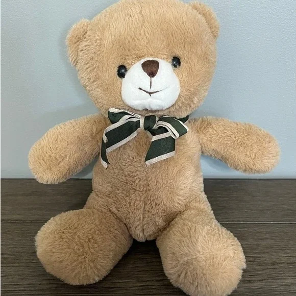 Classic Tan Teddy Bear Plush Stuffed‎ Animal with Green Striped Bow 11 inch
