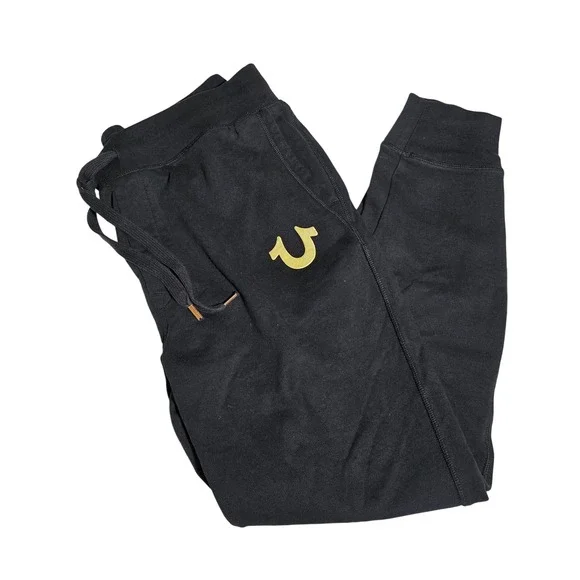 True Religion Mens‎ Black Jogger Sweatpants Yellow Horseshoe Logo Size Medium