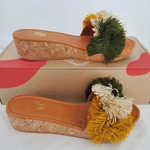 Silvia Cobos Mambo Fringe Wedge Sandals Green Multi Color Cork Platform 8.5 New