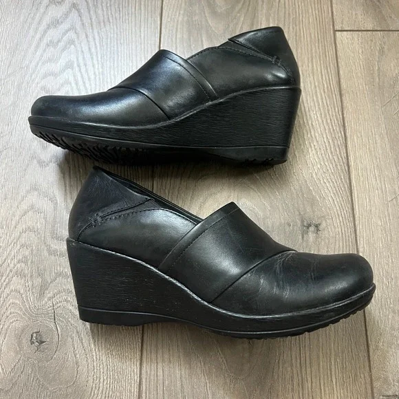 Dansko Shoe Wedge Rosaline Leather Slip On Heels Dress Black Women's EU Size 38