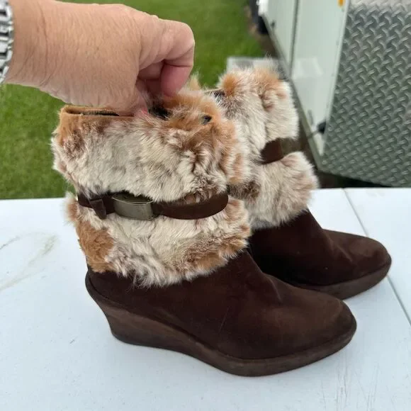 Stuart Weitzman Brown Rabbit Fur-Trimmed Wedge Boots