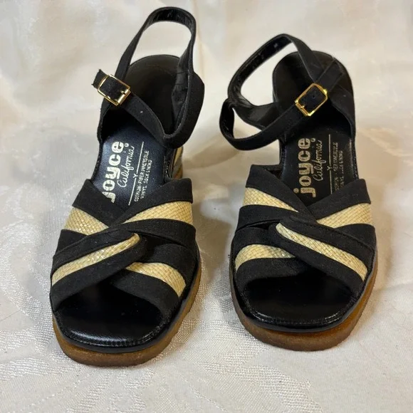 Vintage Joyce California Black Tan Woven Wedge Sandals Ankle Strap Retro 50s 60s