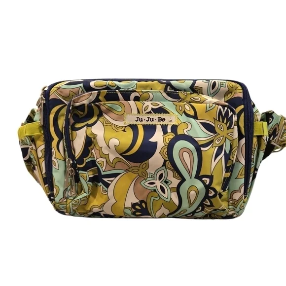 JU JU BE MESSANGER DIAPER BAG. GREEN, BLUE AND WHITE PAISLEY  AND FLORAL.