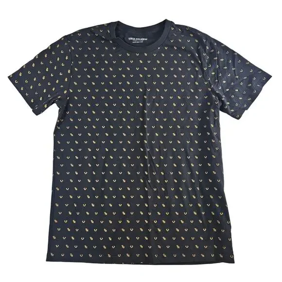True Religion Men's All Over Monogram Tee T-Shirt Black and Gold Size Medium