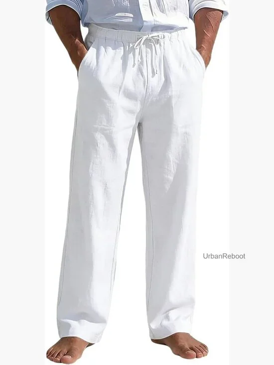 Mens Linen Pants Casual Summer Beach Loose Fit Elastic Waist Drawstring