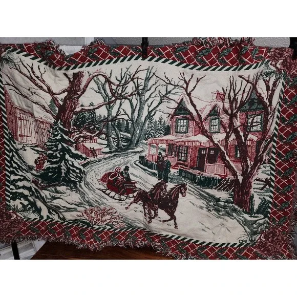 Beautiful Winter Scene Woven Blanket‎ Horse Sled Barn Snow