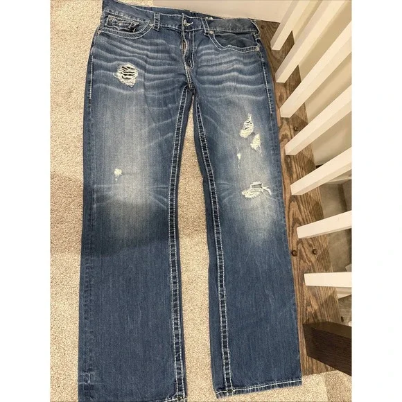 TRUE RELIGION RICKY BIG T FLAP RELAXED STRAIGHT 112790 JEANS 38 Medium Wash