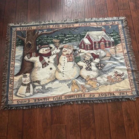 Vintage Christmas Snowman Tapestry Throw Blanket Susan Winget 46x65 Cotton USA