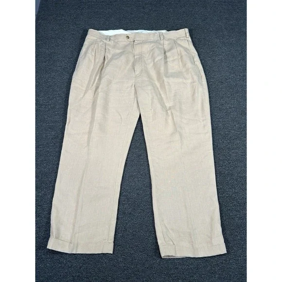 Jos A Bank Travelers Collection Dress Pants Men's 44x30 Khaki 100% Linen Pleated