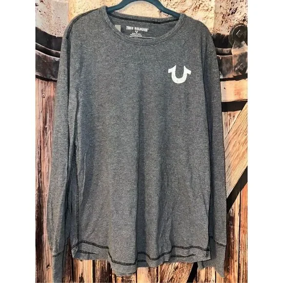 True Religion Men’s size Medium Logo Spellout Long Sleeve Tee Gray