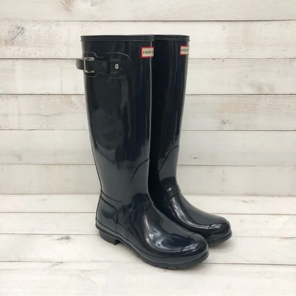 Hunter Navy Gloss Original Tall Rain Boots • Women's Sz 9 • NIB