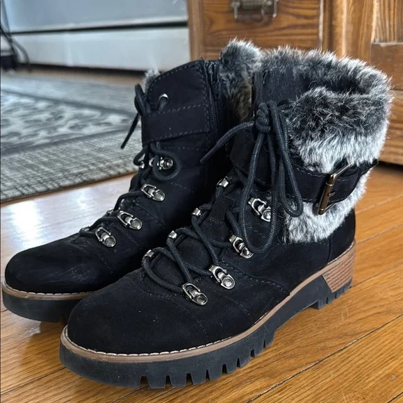 Fur trimmed lace up boots, like new.