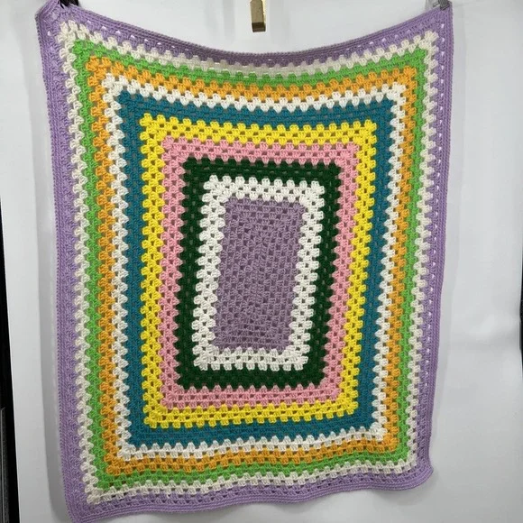 Square Crochet Lap Blanket Small Throw Quilt Rainbow Multicolored 33