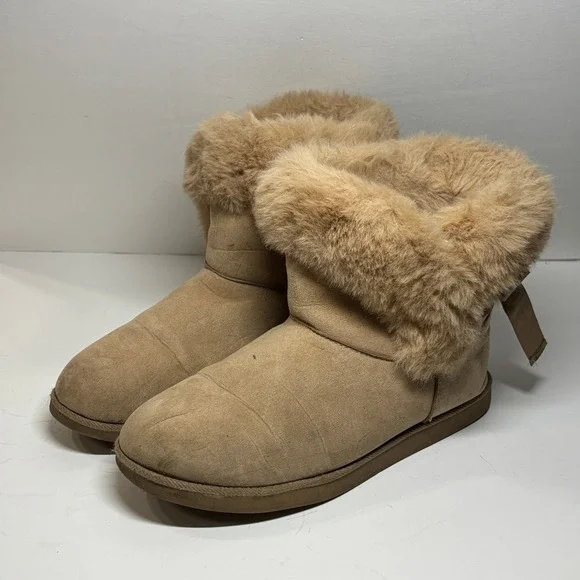Juicy Couture King Winter Boots Womens 11 Tan Faux‎ Fur Ribbon Bow Casual Winter