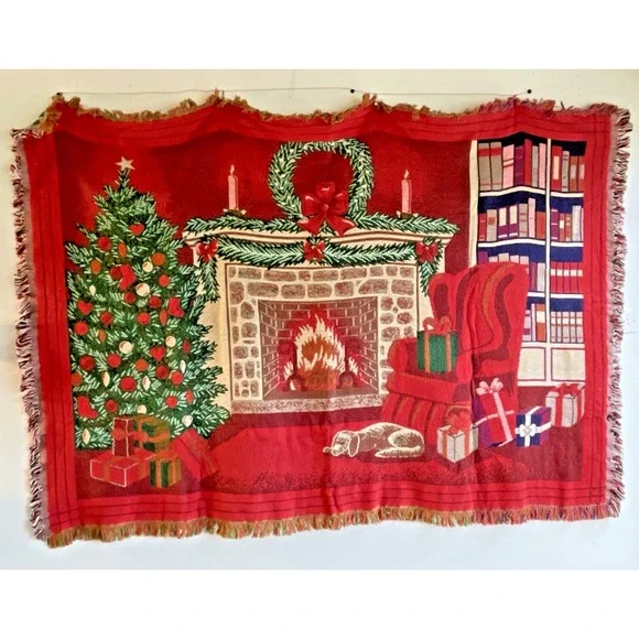 VTG Chatham Christmas Fireplace Tapestry, Woven Throw /‎ Wall Hanging