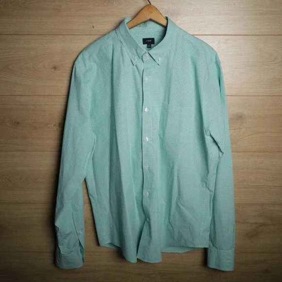 J. Crew Gingham‎ Button Down Shirt Long Sleeve Men XL Mint Green White Casual