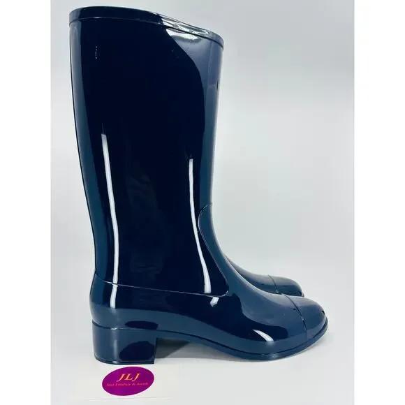 Jeffrey Campbell Women's Showers Tall Navy Blue Glossy Cap Toe Rain Boots Size 8