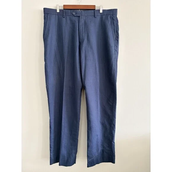 Stacy Adams Dress Pants Mens 40x32 Blue Linen Blend Flat Front