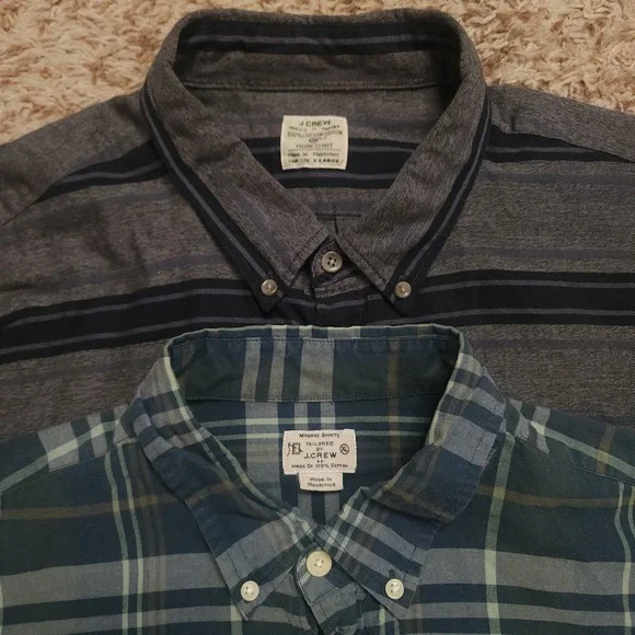 J. Crew Button Down Shirts Mens XL Blue Plaid Flannel Grey Striped Workshirt 2PK