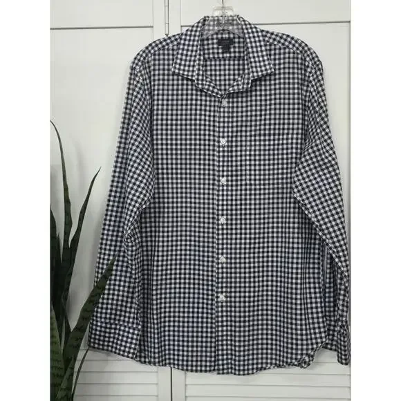 J. CREW 120's Navy Blue & White Gingham Men's Shirt 1 Pocket 2 Ply Cotton Sz L