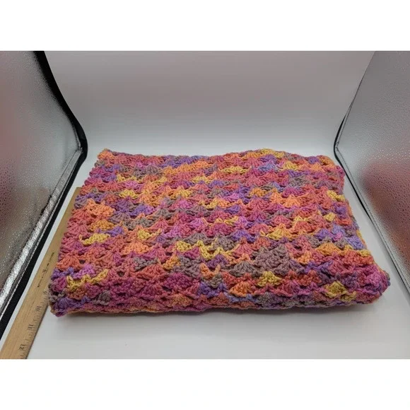 Large Hand Crocheted Throw Blanket Afghan Multicolor Pink Purple Orange 47x34
