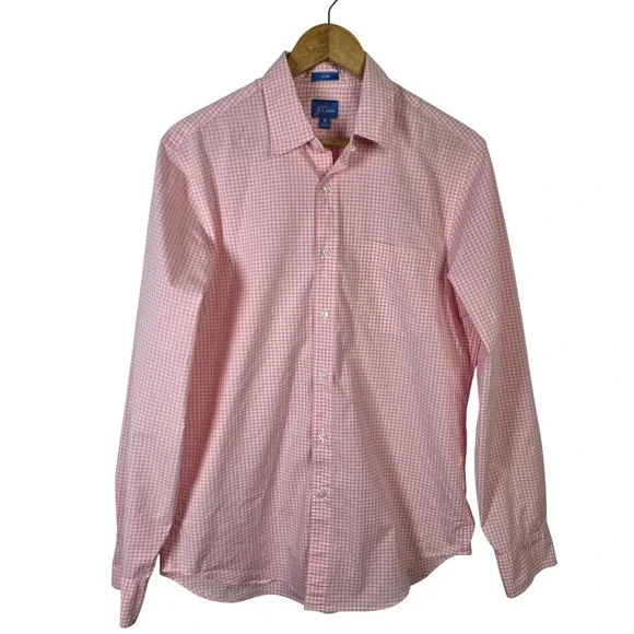 J. Crew Mens Slim Fit Pink Gingham Stretch‎ Button Down Shirt Size M