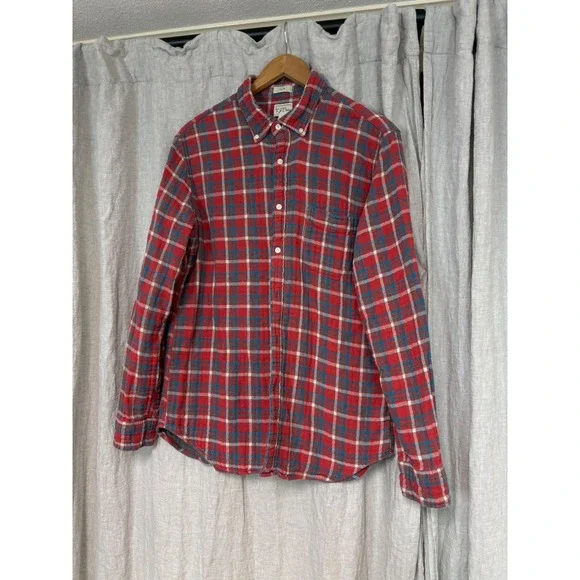 J.Crew Slim Re-Imagined Flannel Shirt Mens Large Red‎ Blue Plaid Button Down L