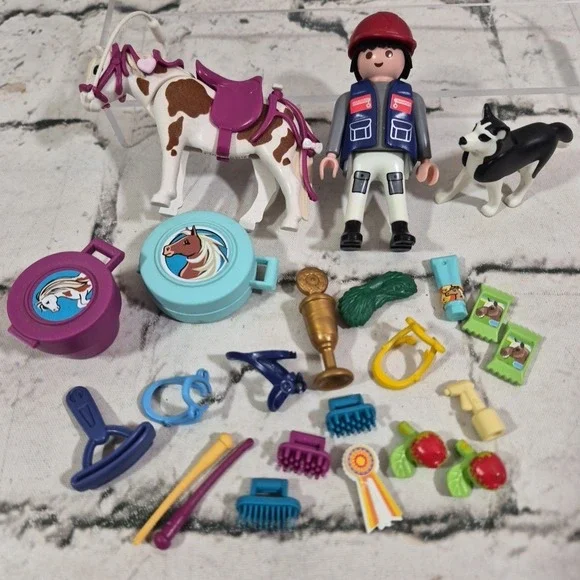 Playmobil Horse W/ Rider Dog Lot Equestrian Accessories Treats Brushes Bridles