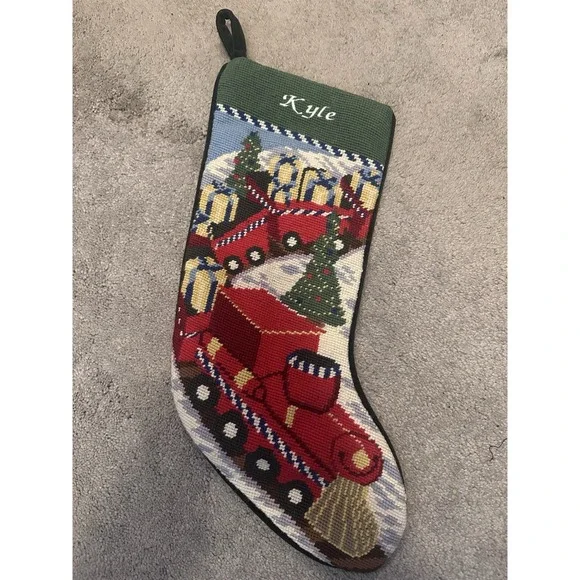 Lands End Needlepoint Christmas Stocking Monogrammed Kyle Train Toys‎ Wool