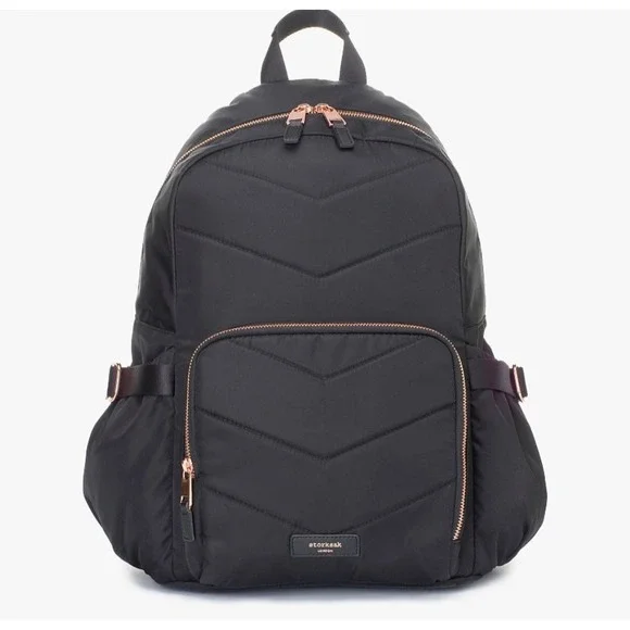 EUC Storksak Black Quilted Hero Diaper Backpack Minimalist Quiet Luxury Chic