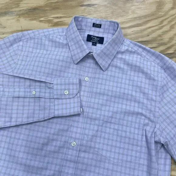 J. Crew Thompson Shirtings Wrinkle Free Purple White Plaid Check Size M 15 15.5