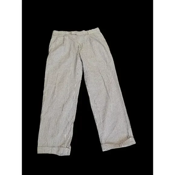 Berle Blue White‎ Seersucker Pants Pleated Cuffed 36R Cotton 29” inseam