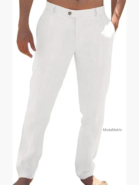 Mens Casual Pants Elastic Waist Cotton Linen Pleated Loose Fit Lightweight Yoga