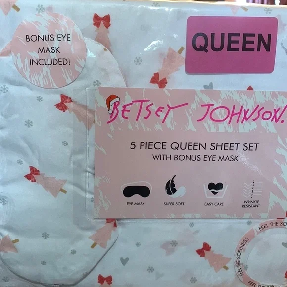 Betsey Johnson Christmas Sheets Set Pink Tree with Bow + sleep mask NEW Queen