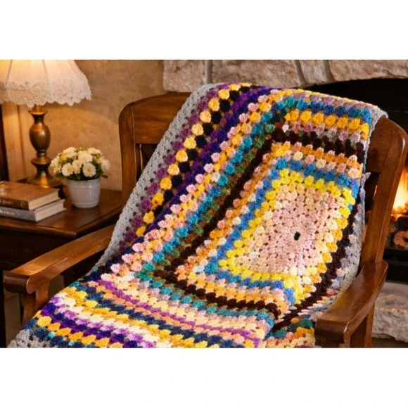 Retro Crochet Granny Square Lap Blanket Multicolor Handmade Afghan 40x40‎