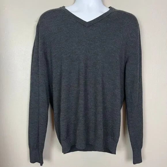 J. Crew Merino Wool V-Neck Sweater Size L Dark Gray‎ Style J7958