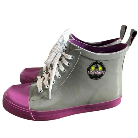 VTG 90's LA Gear Sneaker Rain‎ Boots Sz 7  Lace Up Galoshes Gray Purple