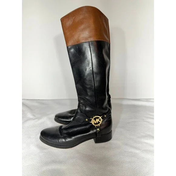 Michael Kors Fulton Harness Boot Black/Mocha Brown Leather Boot sz 7.5