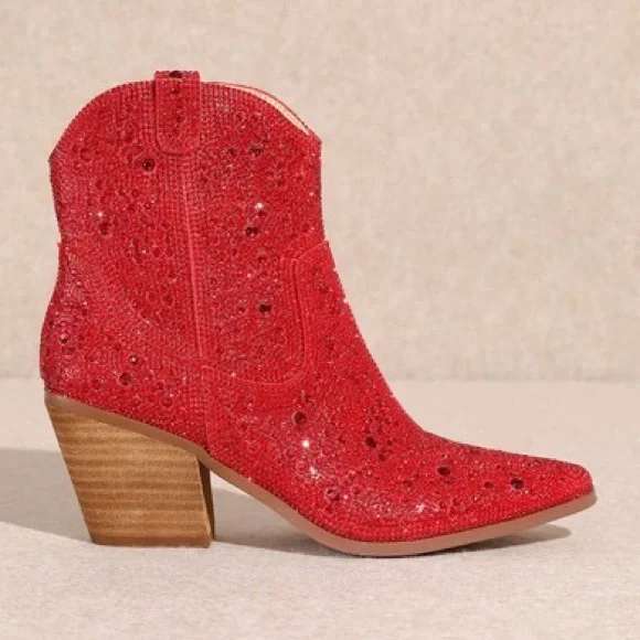 MIIM ANGEL Red Rhinestone Gem Embellished Ankle Western Heeled Cowboy Boots