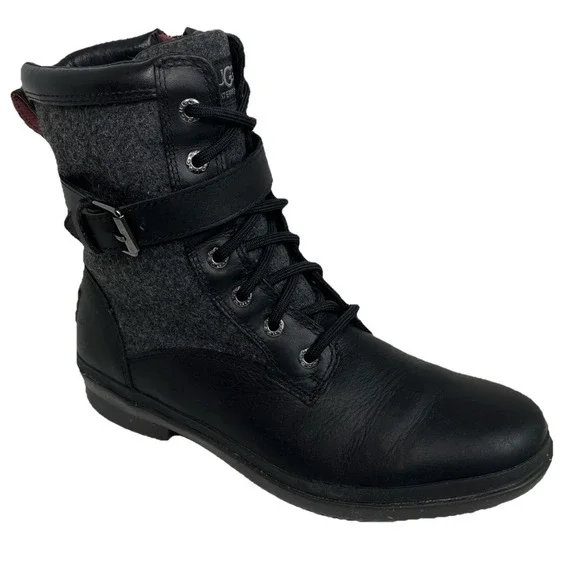 UGG KESEY Black NWOB Leather WATERPROOF SNOW Boot‎ Buckle Womens Size 39/8