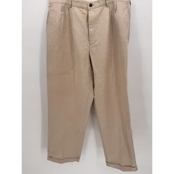 Claiborne Linen Blend Pants Mens 38x29 Beige Pleated Cuffed Casual Coastal
