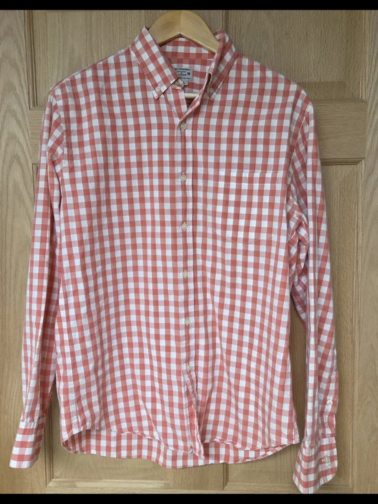 J. Crew Coral and White Gingham Button-Down Shirt Medium