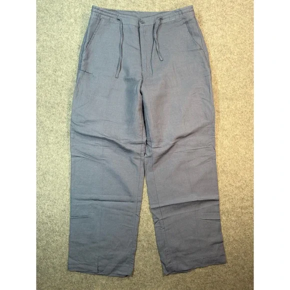 Line Uomo Mens Blue Grey Linen Viscose Drawstring Straight Leg Pants W36 L32