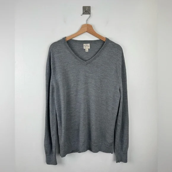 J.Crew Men Gray 100% Merino Wool V-Neck Sweater Size Large