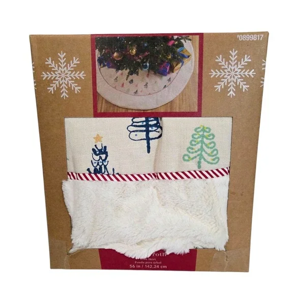 Allen + Roth Christmas Tree Skirt NIB Quaint Tree Design Linen Feel & Fluffy Fur