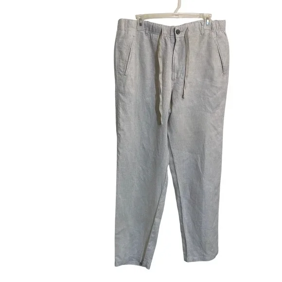 Tasso Elba Mens 100% Linen Pants Beige Elastic Waist Drawstring Casual Size L