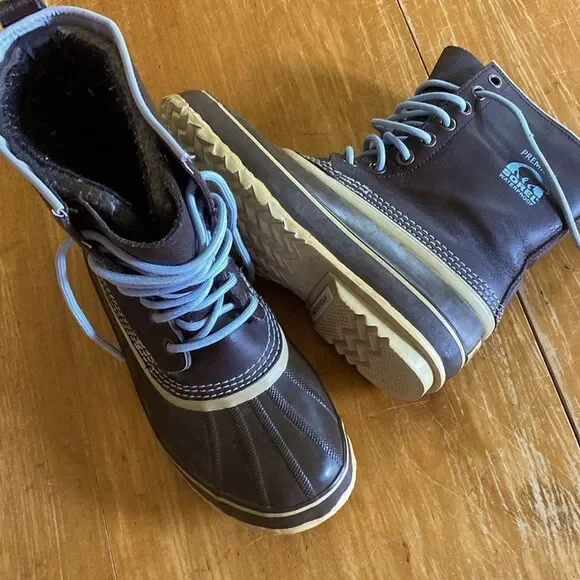Sorel Women's 1964 Premium Blue Brown Leather Rubber Waterproof Snow Boots 10